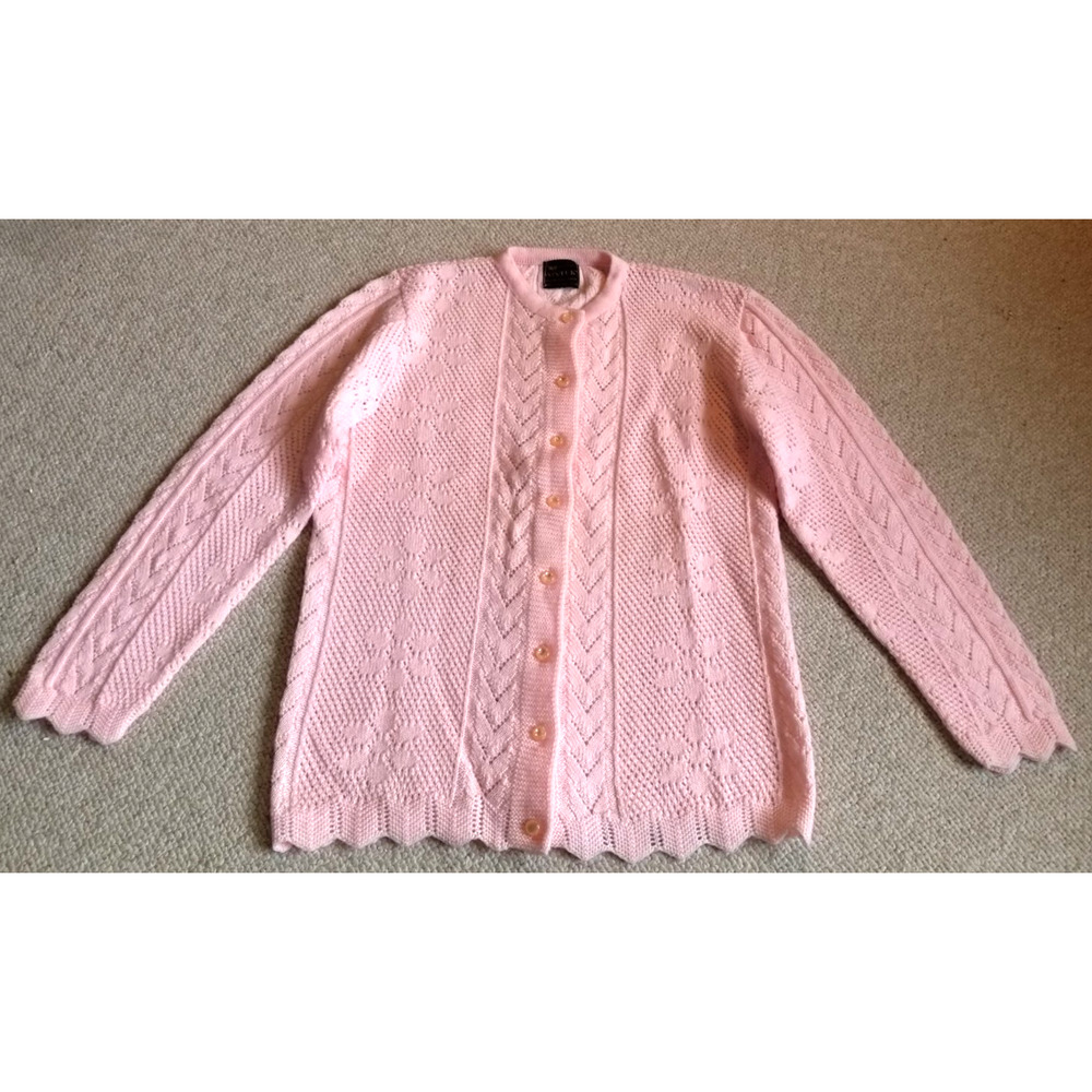 VINTAGE Womens Sweater-WINTUCK-SEARS-pink pointelle cardigan scalloped hem-M